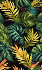 Obraz premium Fashionable seamless tropical pattern with bright green and yellow plants and leaves on black background. Generative AI.
