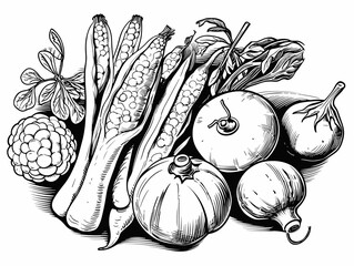 A Black And White Drawing Of Vegetables - A selection of fresh vegetables ready to prepare a meal