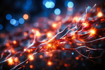 Illustration of neuron cells with glowing link knots on dark background.
