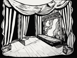 A Black And White Drawing Of A Stage - a stage on an exhibition.