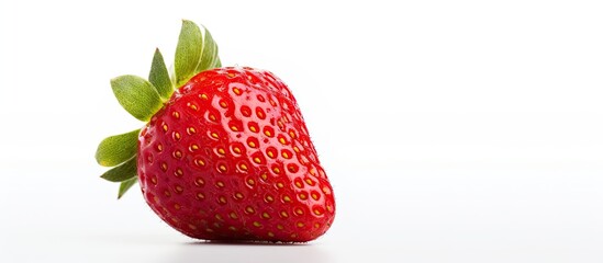 In a vibrant summer garden, a luscious, red strawberry stands out against the green surroundings, its texture and color heightening its natural beauty. This healthy fruit, isolated against a white