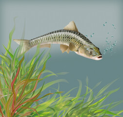 illustration d'un poisson   carpe       qui nage dans l'eau limpide avec des algues