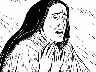 A Black And White Drawing Of A Woman With Her Hands In Her Mouth - A woman puts her hand on her chest and looks up cryin