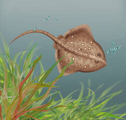 illustration d'un poisson     rai     qui nage dans l'eau limpide avec des algues - obrazy, fototapety, plakaty