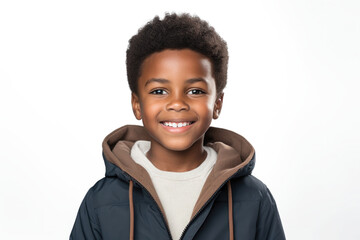 Happy multiracial boy isolated on white background. Portrait of black boy looking at camera. African american child - obrazy, fototapety, plakaty