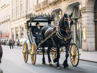Fototapeta premium A charming horsedrawn carriage showcasing tradition, gracefully moving on a bustling city street.