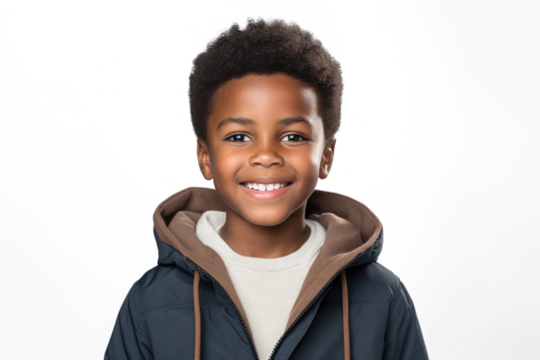 Happy multiracial boy isolated on white background. Portrait of black boy looking at camera. African american child