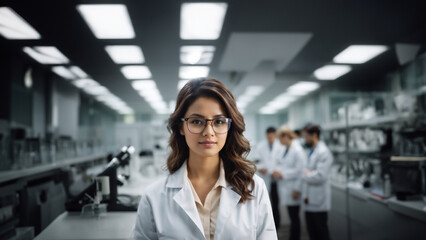 Fototapeta premium Empowering Diversity in Medical Science: Brilliant Woman Scientist Leads Team in Modern Laboratory - Diversity in STEM, Women in Science