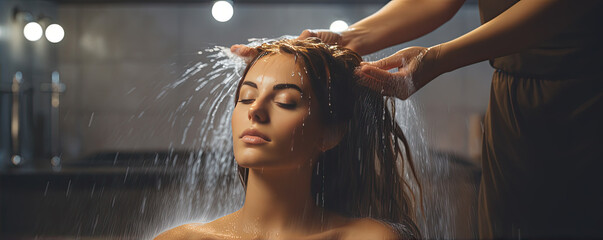 Woman hairdresser in beauty salon washing hairs.  Wet hairs washing with shampoo.