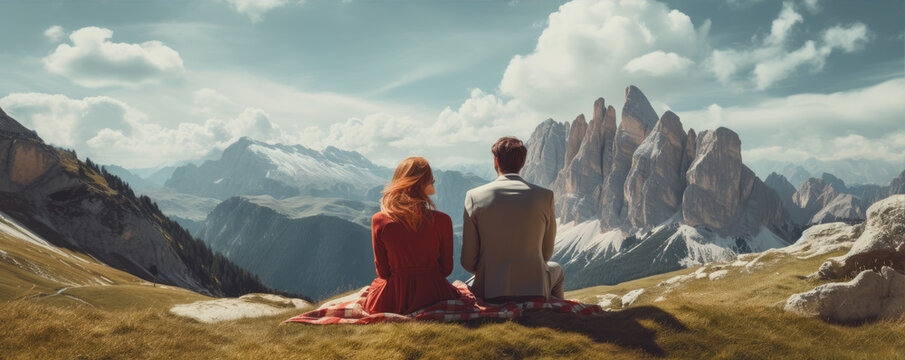 Woman and man visiting dolomits italian mountains. Romantic couple in high moutain wide banner.
