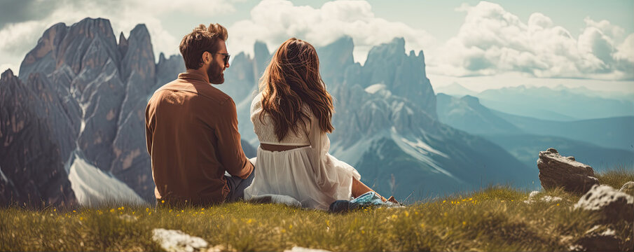 Woman and man visiting dolomits italian mountains. Romantic couple in high moutain wide banner.
