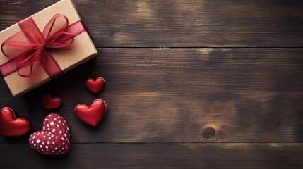 Valentine day flat lay concept with toy heart and gift box on wooden table - obrazy, fototapety, plakaty
