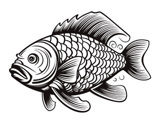 A Black And White Drawing Of A Fish - Carp fish cartoon. Vector illustration.