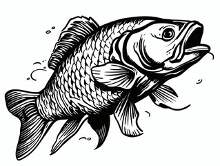 A Black And White Drawing Of A Fish - Carp fish cartoon. Vector illustration.