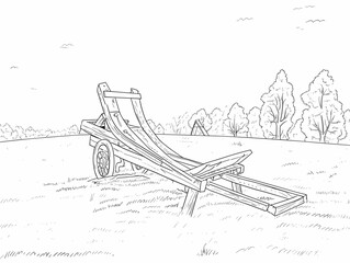 A Drawing Of A Wooden Cart In A Field - catapult on a field woodcut engraving .