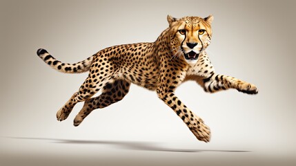 Running cheetah preparing to jump, full body length on isolated white background