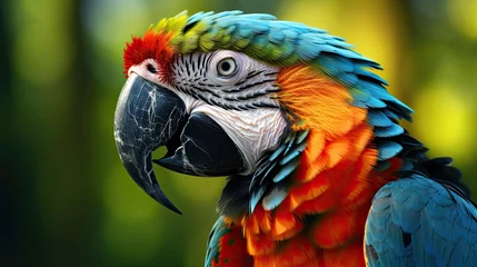 Zelfklevend Fotobehang Close up of a macaw parrot on a blurred forest background © GulArt