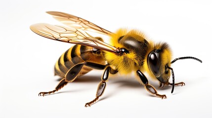 Close up honey bee portrait on isolated white background, side view - Powered by Adobe