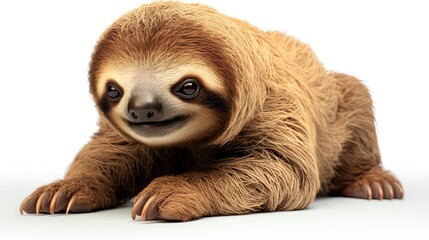 Close up portrait of a cute baby sloth lies on isolated white background, front view