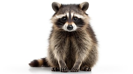 Close up of a raccoon sitting on isolated white background, front view