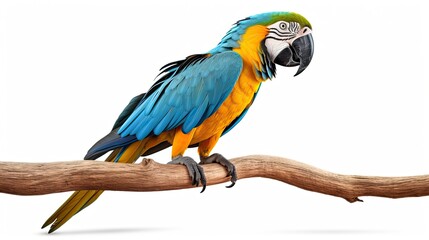 Close up of a blue and yellow macaw parrot sitting on a branch on a isolated white background - obrazy, fototapety, plakaty