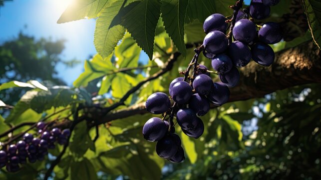 Close up jaboticaba on a tree with leaves and sky view