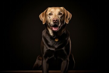 Lifestyle portrait photography of a happy labrador retriever sitting against a white background....