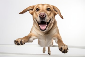 Headshot portrait photography of a happy labrador retriever jumping over an obstacle against a...