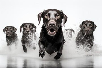 Group portrait photography of a curious labrador retriever shaking off water after swimming against a white background. With generative AI technology