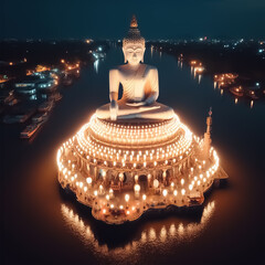 A big Buddha statue in the middle of the river