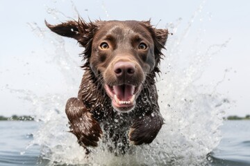Group portrait photography of a curious labrador retriever shaking off water after swimming against...