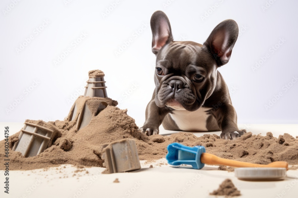 Wall mural Environmental portrait photography of a happy french bulldog building a sandcastle against a white background. With generative AI technology