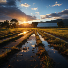 A captivating scene of solar panels on a vast farm illuminated by the gentle light of the sunrise