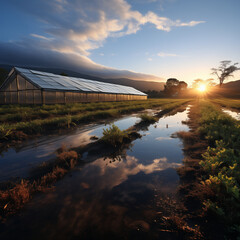 A captivating scene of solar panels on a vast farm illuminated by the gentle light of the sunrise