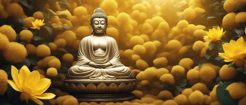 Golden Buddha statue with yellow aura, around yellow buds and flowers, wallpaper