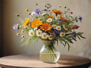 A bouquet with daisy wildflowers on a table