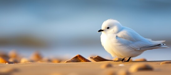At the beach, amidst the serene nature and under the bright sun, a white bird with intricate feathers perched on the sand, its texture resembling the natural soil, creating a captivating closeup.