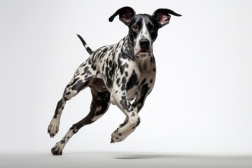 Lifestyle portrait photography of a funny great dane chasing his tail against a white background. With generative AI technology - obrazy, fototapety, plakaty
