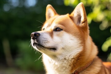 Naklejka na ściany i meble Studio portrait photography of a curious akita inu scratching nose against a white background. With generative AI technology