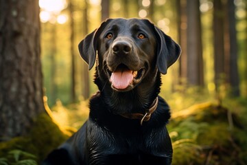 Headshot portrait photography of a smiling labrador retriever sitting against a forest background....