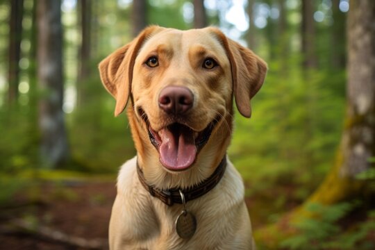Headshot portrait photography of a smiling labrador retriever sitting against a forest background. With generative AI technology