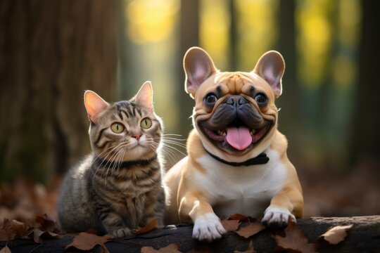 Conceptual portrait photography of a smiling french bulldog being with a pet cat against a forest background. With generative AI technology