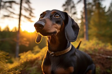 Close-up portrait photography of a happy dachshund watching a sunset with the owner against a forest background. With generative AI technology