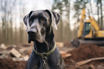 Headshot portrait photography of a curious great dane being at a construction site against a forest background. With generative AI technology - obrazy, fototapety, plakaty