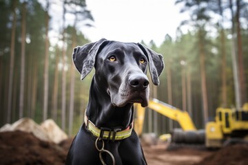Headshot portrait photography of a curious great dane being at a construction site against a forest background. With generative AI technology - obrazy, fototapety, plakaty