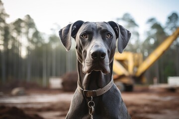 Headshot portrait photography of a curious great dane being at a construction site against a forest background. With generative AI technology