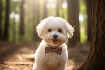 Close-up portrait photography of a funny bichon frise wearing a bow tie against a forest background. With generative AI technology