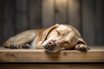 Medium shot portrait photography of a tired labrador retriever sleeping against a minimalist or empty room background. With generative AI technology