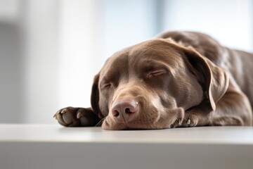 Medium shot portrait photography of a tired labrador retriever sleeping against a minimalist or...