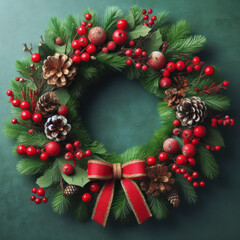 Fototapeta na wymiar a christmas wreath with red berries and pine cones on a green background. ai generative